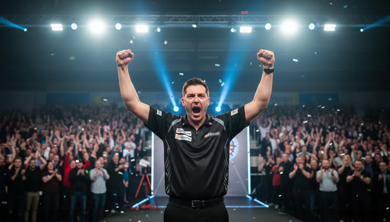 9-Darter Wetten – Spieler feiert perfektes Leg auf der Darts-Bühne