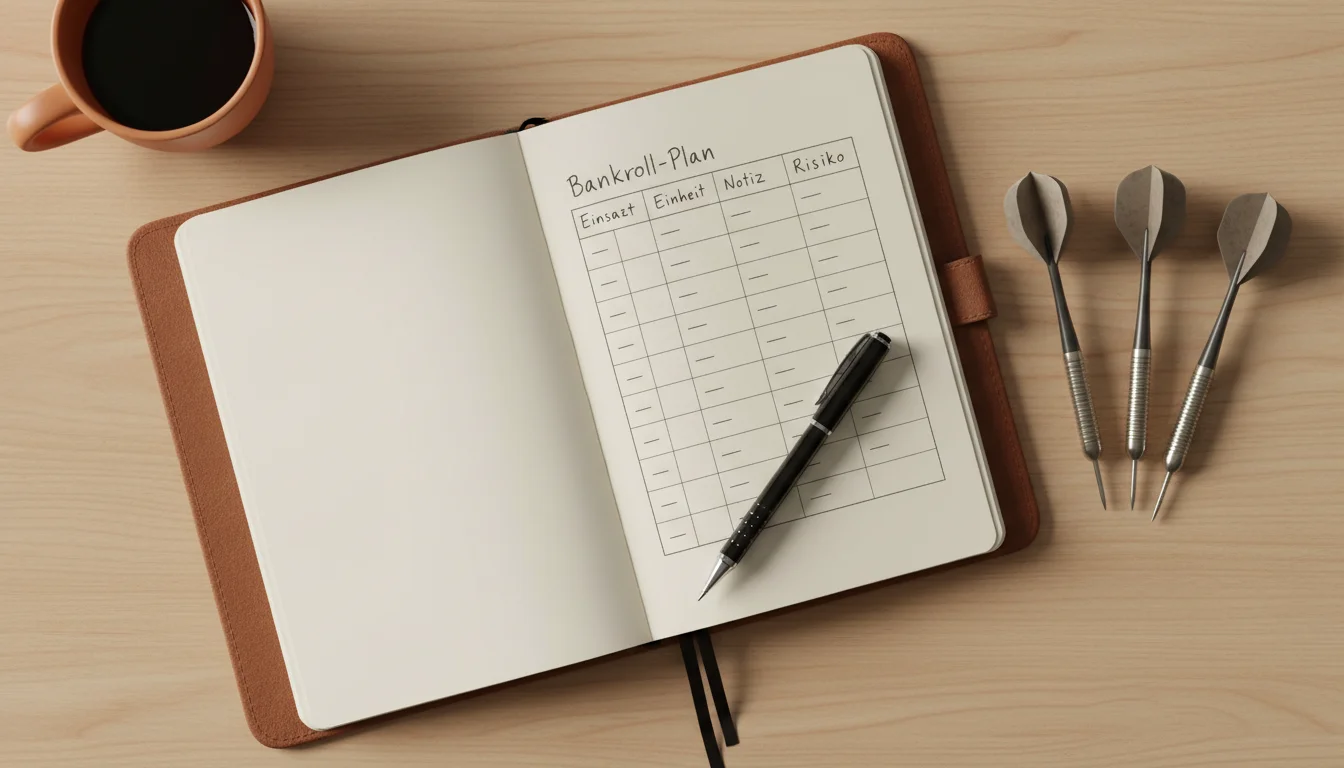Bankroll Management Sportwetten – Notizbuch mit Einsatzplanung und Dartpfeilen