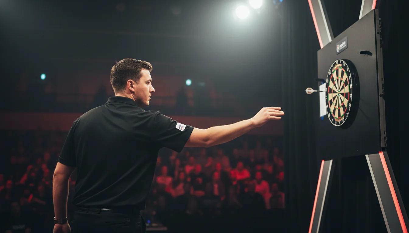 Darts Livewetten — Dartsspieler wirft Pfeil auf der Bühne während eines Livematches mit Publikum