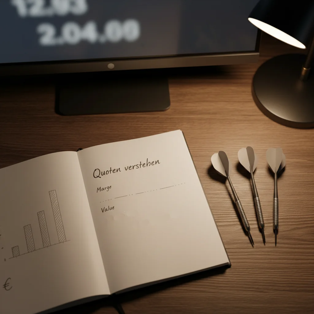 Darts Quoten verstehen — Nahaufnahme einer Dartscheibe mit Dezimalquoten auf einem Bildschirm im Hintergrund