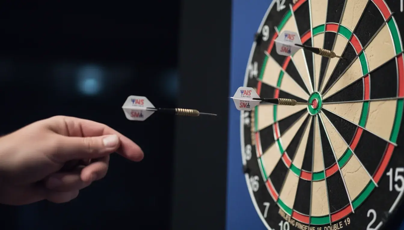 Darts-Statistiken: Nahaufnahme eines Spielers beim Checkout-Wurf auf das Doppelfeld