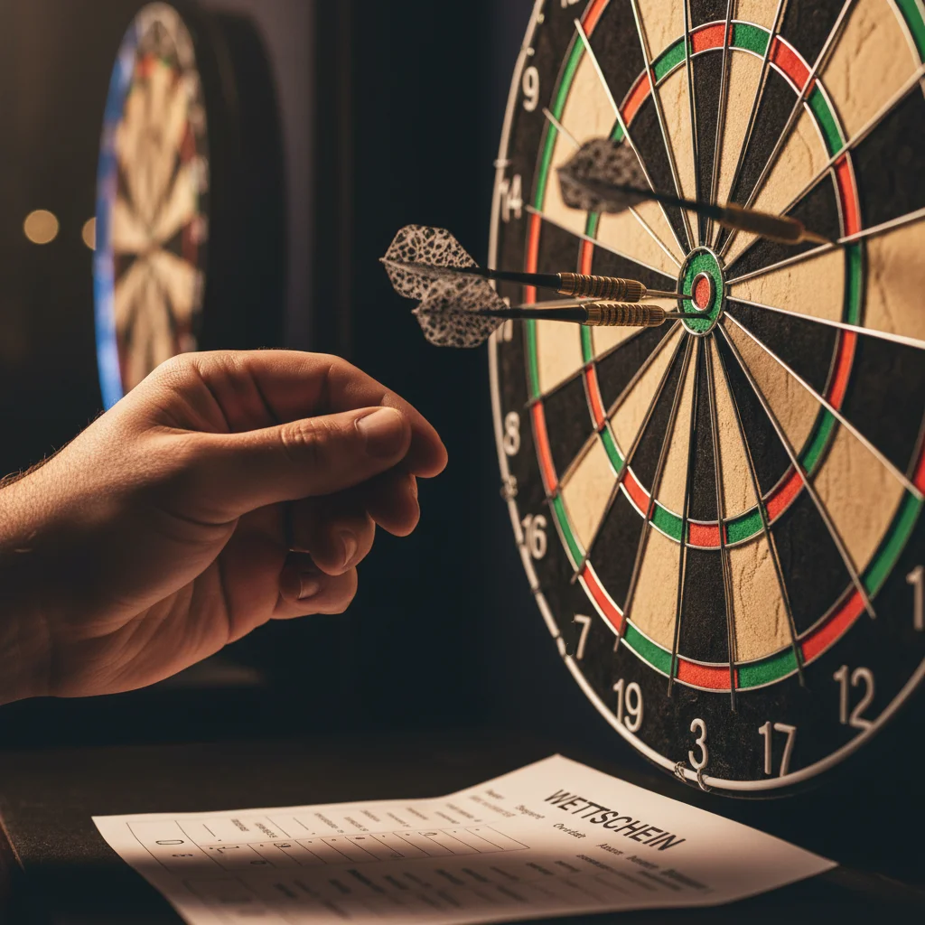 Darts Wettarten — Dartscheibe mit Pfeilen und Wettschein auf dem Tisch