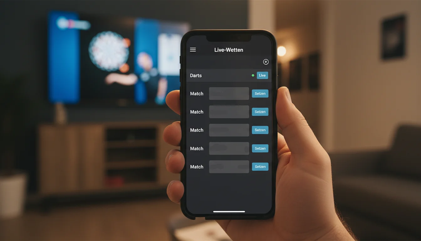 Darts Wetten per App – Smartphone in der Hand vor Darts-Event im Hintergrund