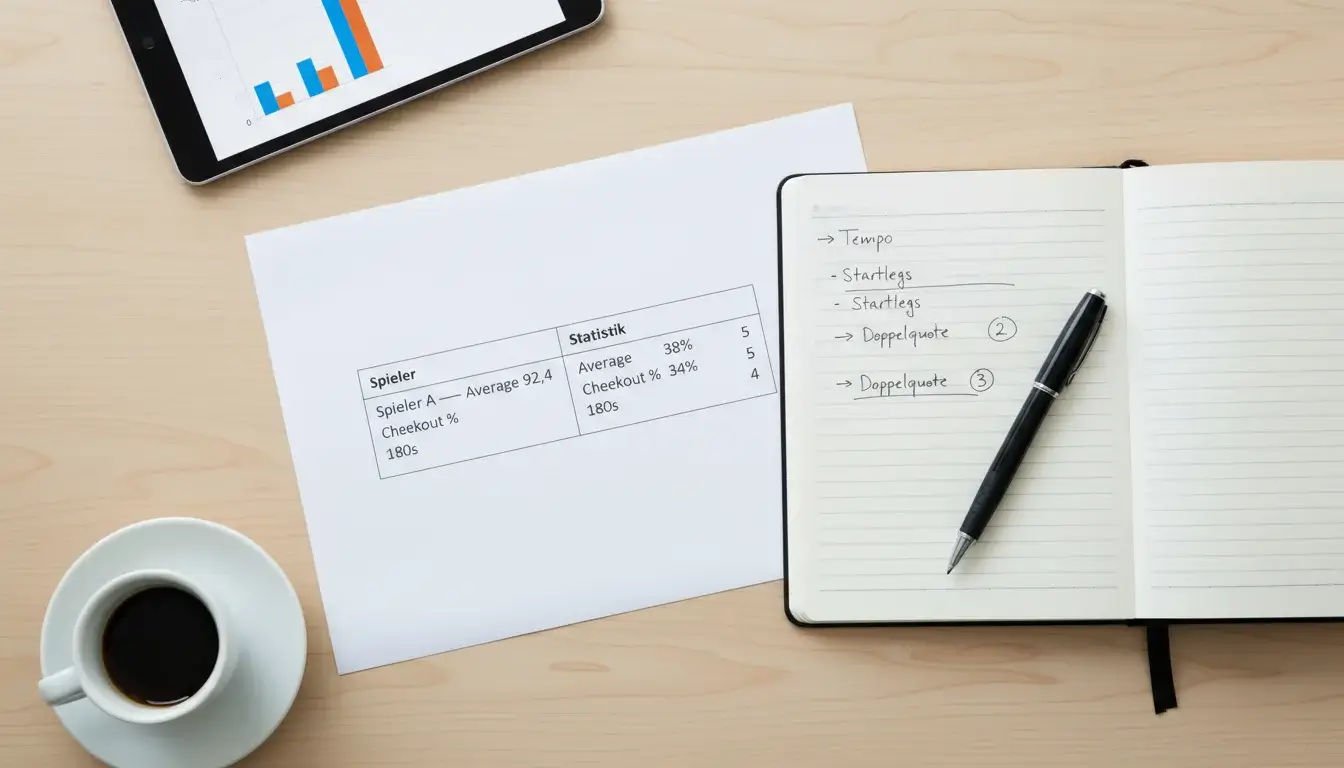 Darts-Wetten Strategie: Handgeschriebene Notizen und Statistik-Auswertung neben einem Laptop