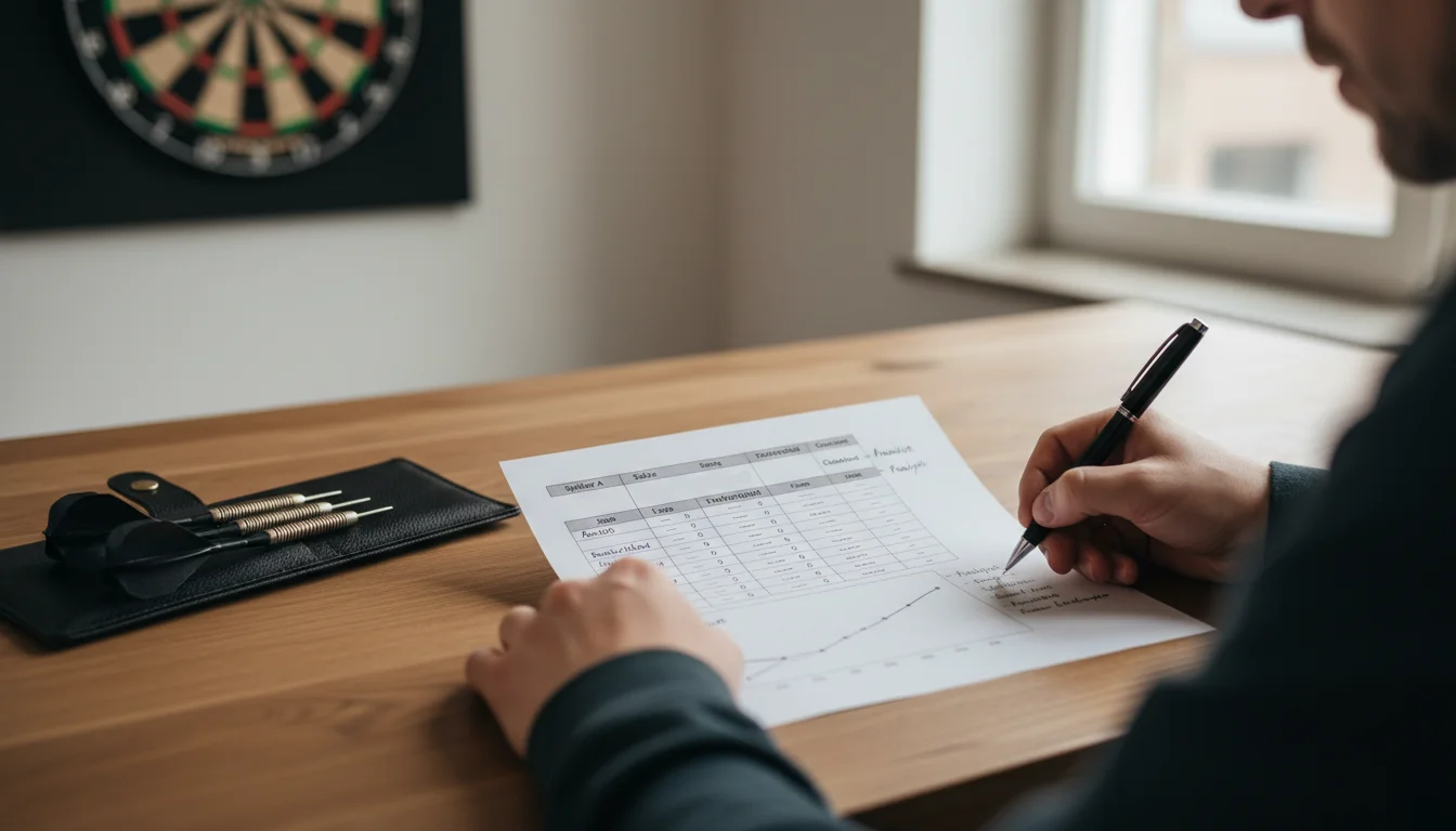 Darts Wetten Strategien — Spieler analysiert Darts-Statistiken in einem Notizbuch neben einer Dartscheibe