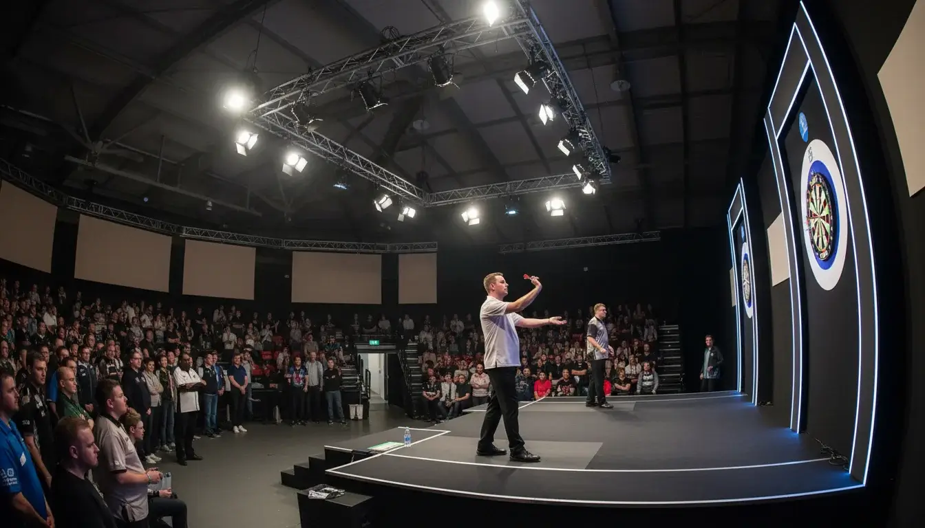 PDC Darts-Turnier: Spieler auf der B&uuml;hne vor Publikum bei einem Major-Event