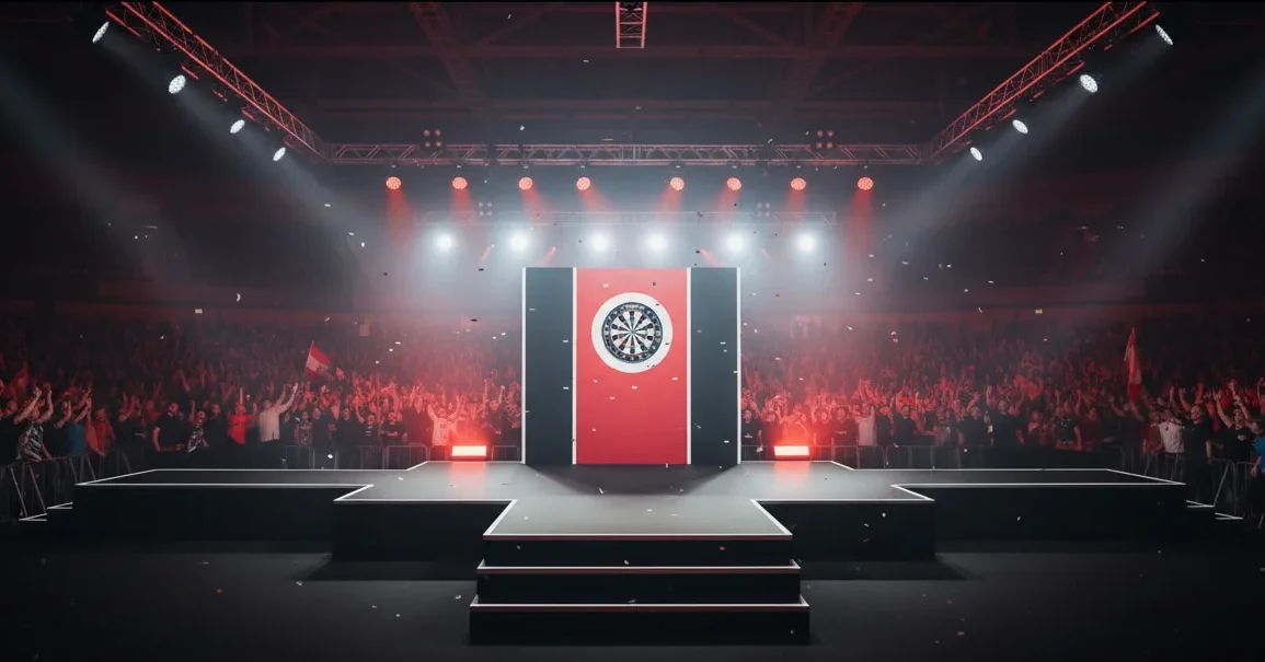 PDC Darts Turniere — beleuchtete Bühne im Alexandra Palace mit Dartscheibe und jubelndem Publikum