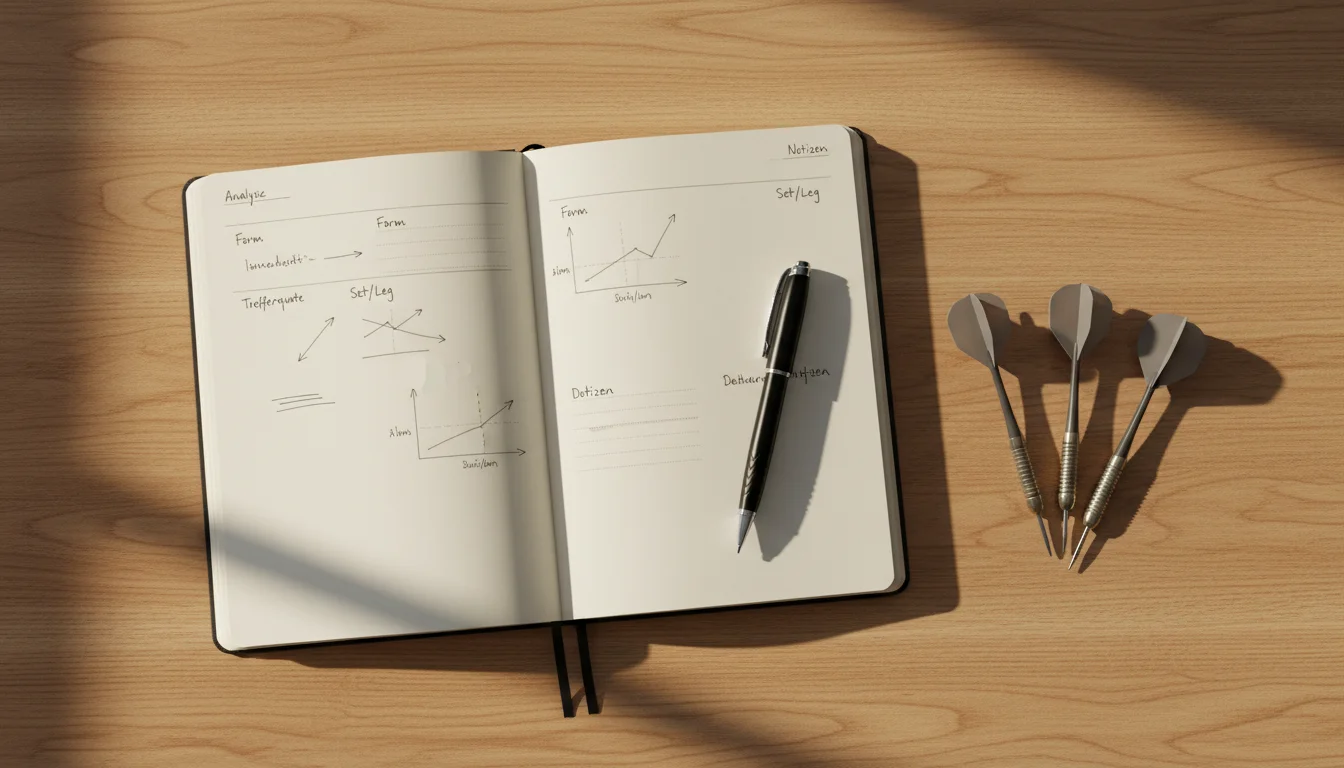 Value Betting Darts – Notizbuch mit Wettanalyse neben Dartpfeilen