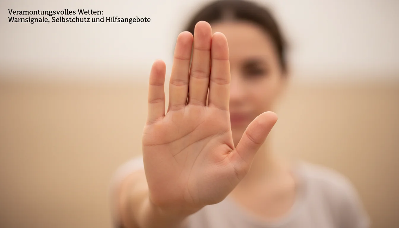Verantwortungsvolles Wetten – Hand hebt Stoppgeste vor unscharfem Hintergrund