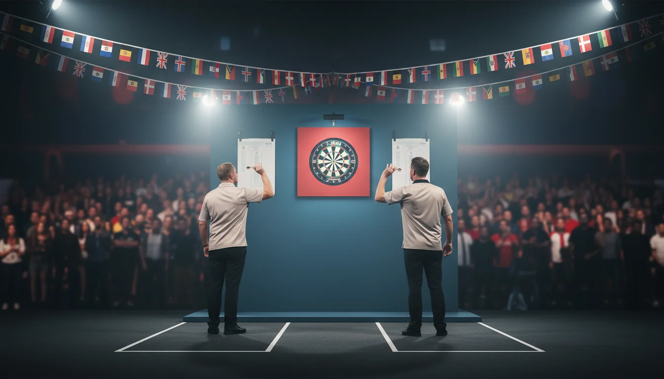 World Cup of Darts Wetten – Darts-Bühne mit Nationalflaggen im Hintergrund
